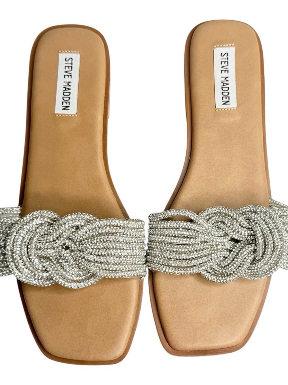 Steve Madden Tan Slide Sandals with Silver Crystal Braided Strap